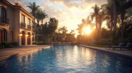 Fototapeta premium Sunset view of Mediterranean mansion poolside oasis