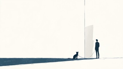 Man, cat, leash, minimalist, urban, waiting, building, backdrop, illustration, website