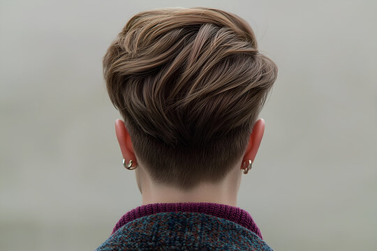 Back shot of a woman with a chic pixie cut, stylish and edgy, sharp and neat finish, modern and sophisticated, white background.