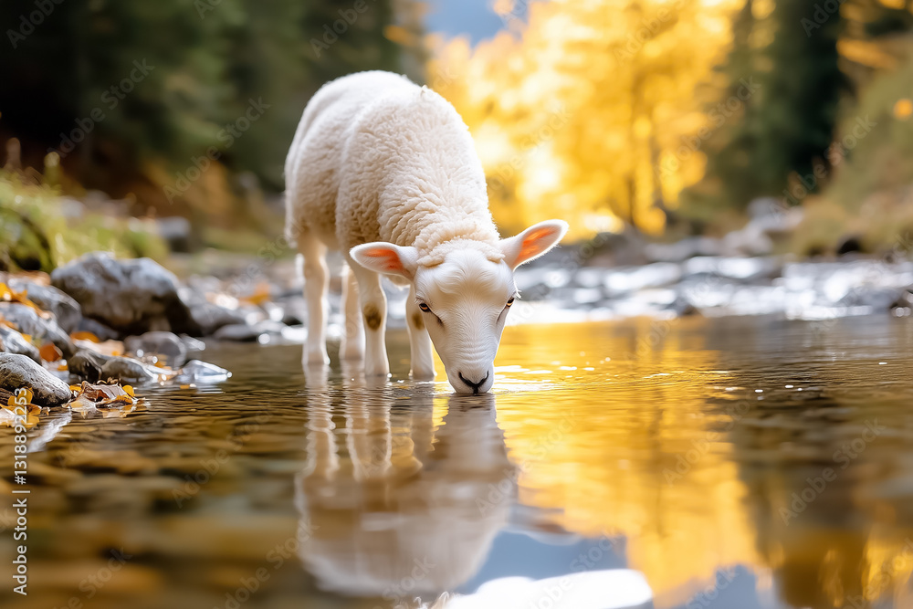 Poster a peaceful sheep bends down to drink from a clear, shallow stream surrounded by lush trees and vibra