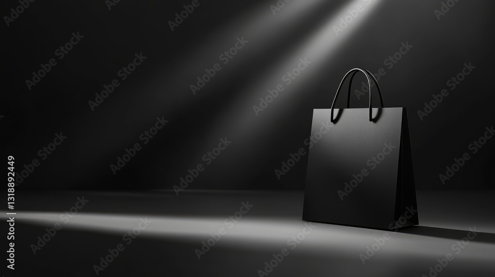 Poster black shopping bag with matte finish and a strong silhouette, placed in the center with soft shadows