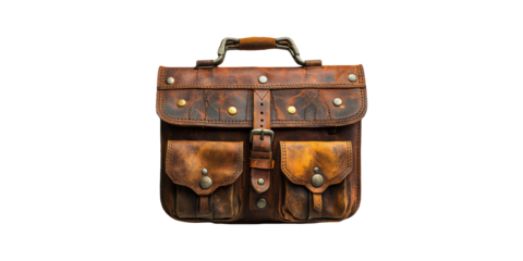 Leather messenger bag with pockets isolated on transparent background