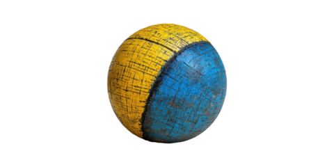 Worn wooden ball painted yellow and blue isolated on transparent background