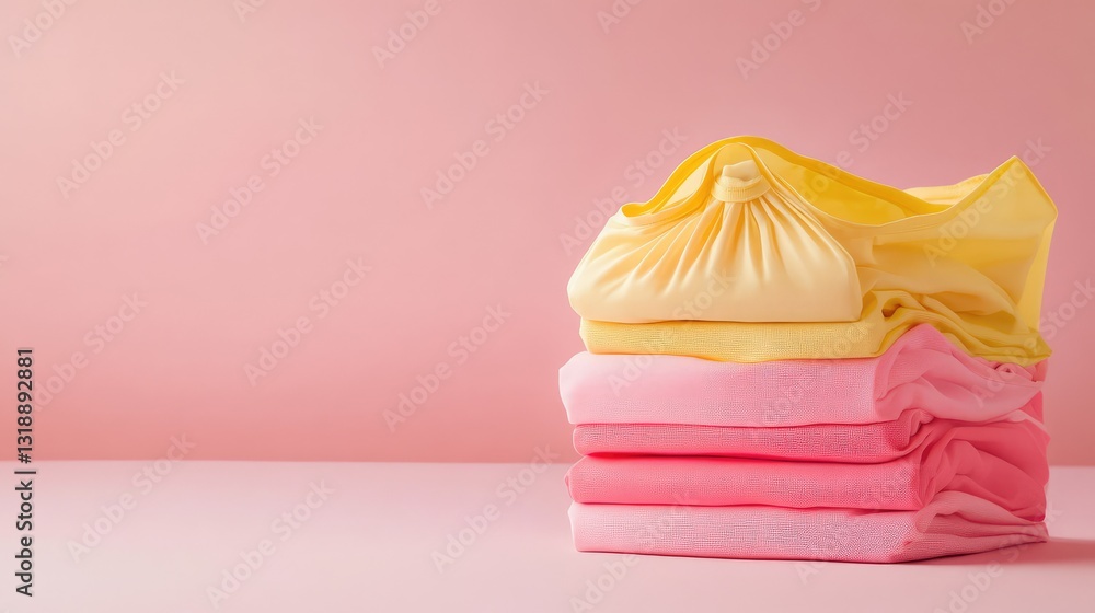 Poster folded stack of reusable grocery bags in soft pastel tones, placed on a simple background with soft 