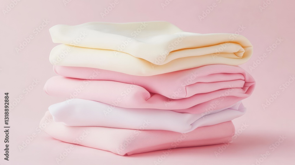 Poster folded stack of reusable grocery bags in soft pastel tones, placed on a simple background with soft 