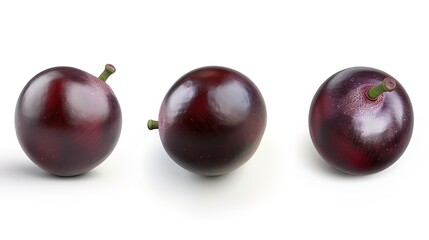 Obraz premium A single grape is isolated on a clean white background, with a clipping path precisely applied to outline its shape. The image showcases a full depth of field, ensuring that the grape's texture and 