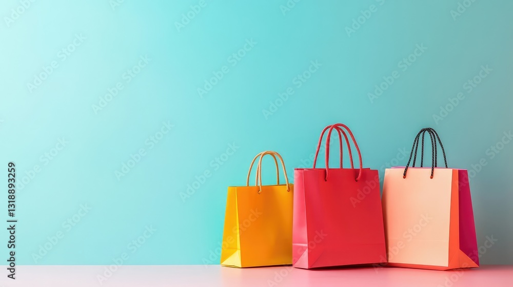 Poster set of shopping bags in different sizes and colors arranged on a pastel background with a sense of b
