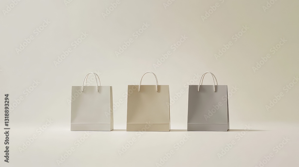 Poster set of three shopping bags in varying shades of white, beige, and gray aligned in a row. modern and 