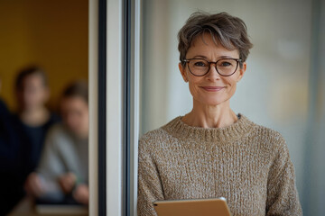 A smiling middle-aged woman with short hair and glasses holds a tablet, standing by a window in a modern office, while colleagues work in the background