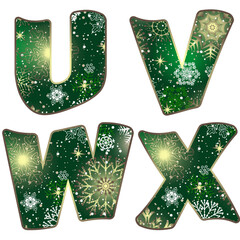 Vector image letters of the English alphabet with green Christmas pattern of golden snowflakes isolated on transparent background