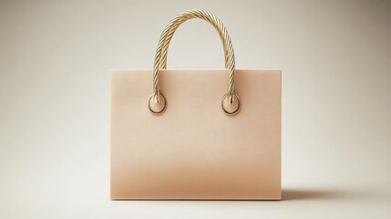 Simple and chic beige gift bag with gold rope handles, isolated against a clean white background with soft shadows.