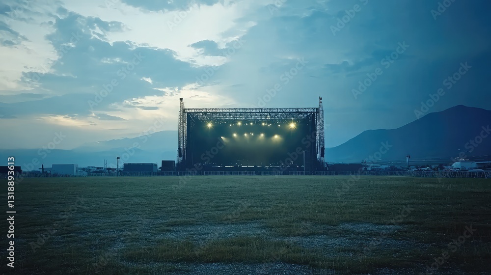 Poster the view of a large music festival stage with bright lights turned on, surrounded by an empty grassy