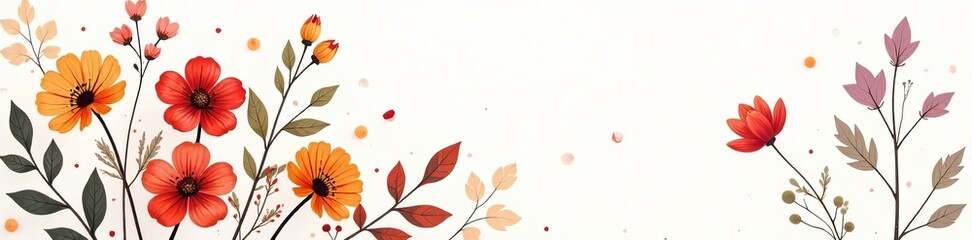 Delicate hand-drawn floral design in fall colors on a white background, fall, autumn, floral