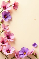 Naklejka premium Delicate pink and purple flowers scattered on soft beige background, nature, spring, soft