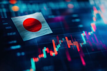Japanese flag with stock market chart symbolizing the economy