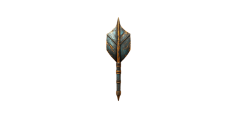 Ancient bronze spearhead vertically aligned isolated on transparent background