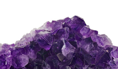 large intense violet crystals of amethyst on white background
