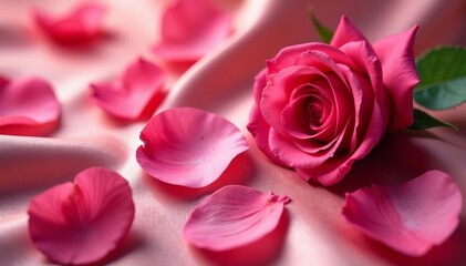 Fototapeta premium Delicate rose petals scattered on luxurious silk fabric, texture, roses, beauty