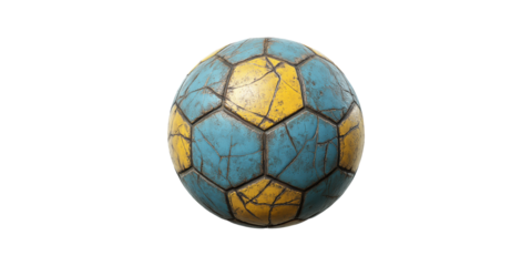Vintage soccer ball with blue and yellow panels isolated on transparent background