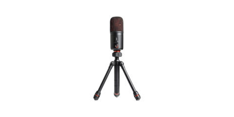 Black microphone on tripod stand isolated on transparent background