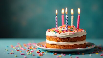 Delicious cake topped with candles and confetti, baking, decorations, special occasion