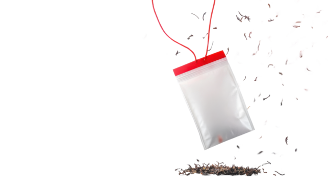 tea bag with red strip isolated on white background