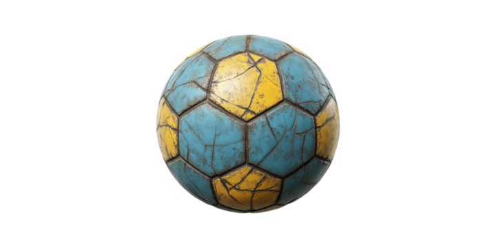 Vintage soccer ball with blue and yellow panels isolated on transparent background