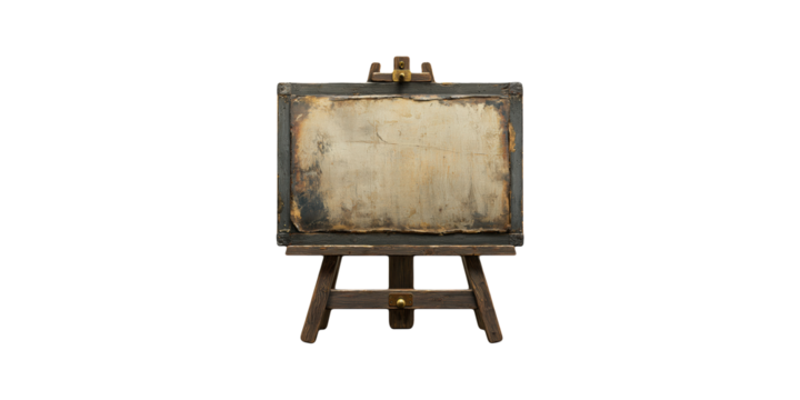 Old wooden easel with blank canvas isolated on transparent background