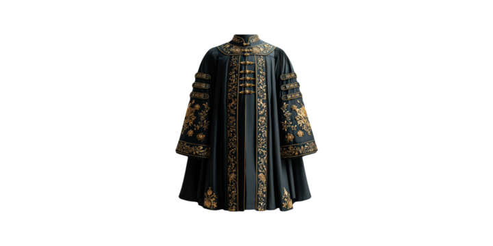 Ornate embroidered cloak with gold patterns isolated on transparent background