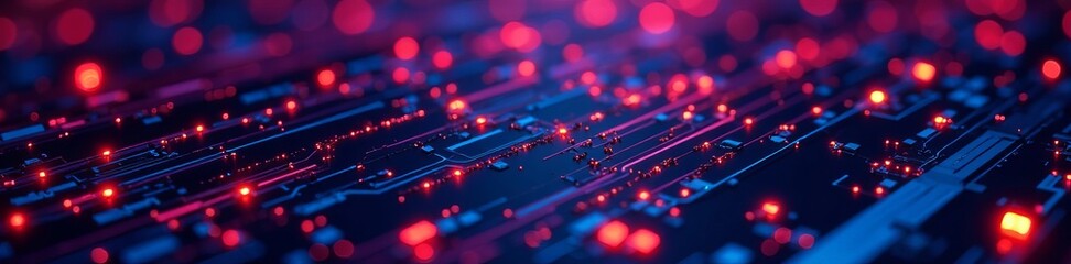 Obraz premium Digital circuit board pattern with glowing neon lights on a dark background, background, lights, wallpaper