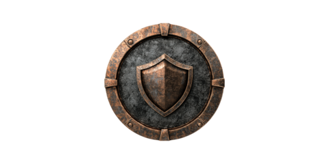 Antique copper shield with central emblem isolated on transparent background