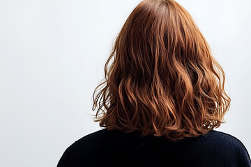 Fototapeta premium Back view of a woman with shoulder-length wavy hair, soft and bouncy waves, natural shine, stylish and feminine, studio shot on white background.