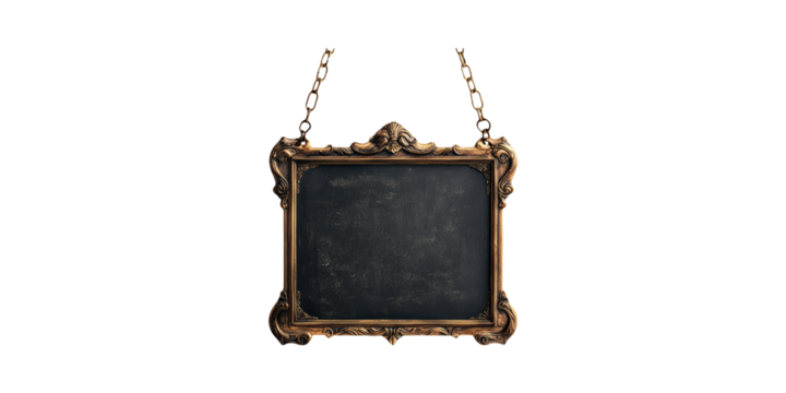 Ornate vintage chalkboard with gold frame isolated on transparent background