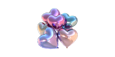 Metallic heart-shaped balloons cluster isolated on transparent background