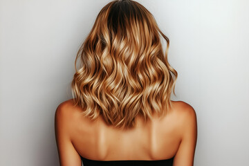 Fototapeta premium Back view of a woman with shoulder-length wavy hair, soft and bouncy waves, natural shine, stylish and feminine, studio shot on white background.