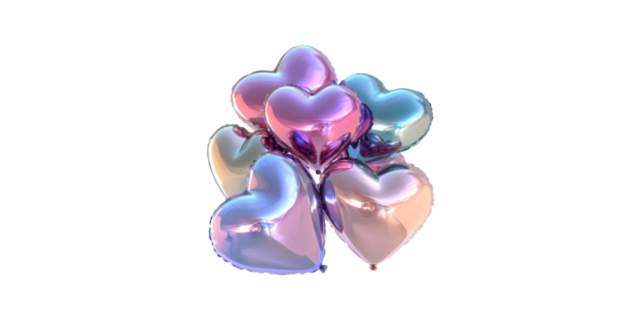 Metallic heart-shaped balloons cluster isolated on transparent background