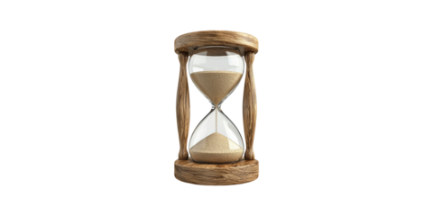 Wooden hourglass with sand flowing isolated on transparent background