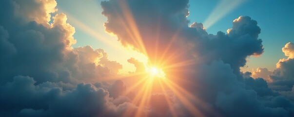 Fototapeta premium Dramatic sky with sunbeams shining through billowing clouds, dramatic, tranquil, sunlight