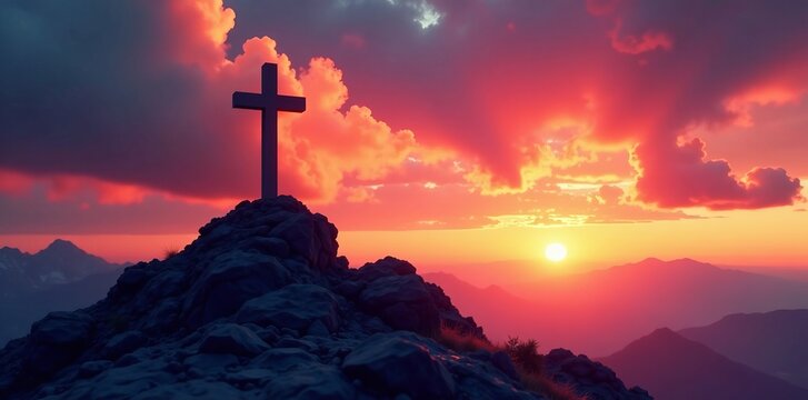 Dramatic silhouette of summit cross against colorful sunset sky, silhouette, mountain top, sky - Powered by Adobe