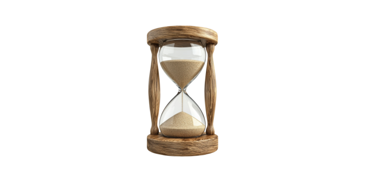 Wooden hourglass with sand flowing isolated on transparent background