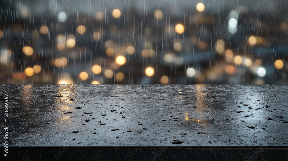 Poster Raindrops accumulate on a slick surface, creating a mesmerizing pattern. In the background, city lights twinkle, enhancing the atmospheric mood of a late evening