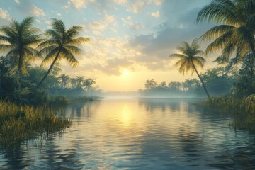 Obraz premium Serene sunrise over tranquil waters with palm trees reflecting in the calm lagoon