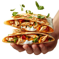 A Cheesy Chicken Quesadilla with Salsa and Sour Cream Isolated on Transparent Background