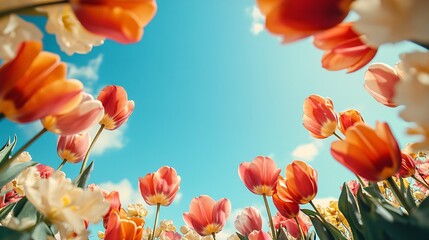 Obraz premium Colorful tulips with vibrant orange and pink petals under bright blue skies