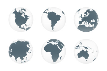 3D globes icons. North America, Europe, South America, Oceania, Asia, Africa. Earth globe icons isolated on white background. Vector illustration