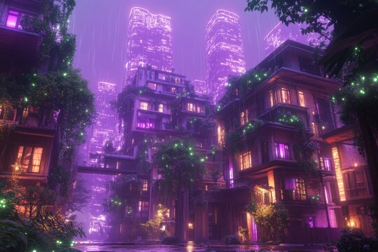 Futuristic urban landscape illuminated by neon lights in a rainy night setting with lush vegetation