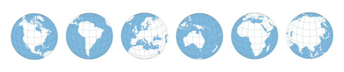 Set of 6 globes icons. Europe, Asia, America, Oceania globe maps with sphere grid. World globes set.  Vector illustration.