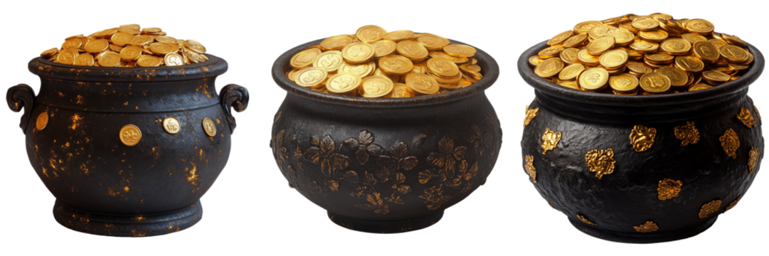 Golden treasure pots on a transparent background isolated image richness concept