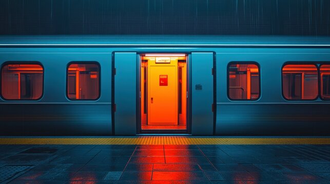 Futuristic train station entrance at night