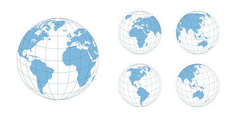 World globes set. Europe, Asia, America, Oceania globe maps with sphere grid. Vector illustration.